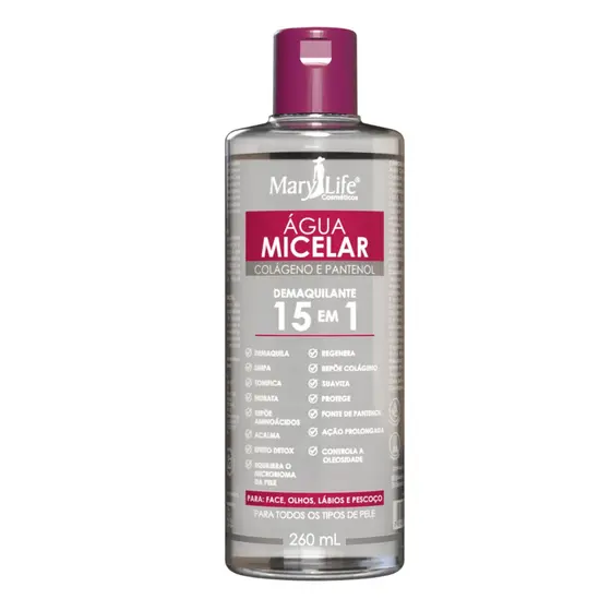 Água Micelar Demaquilante Colágeno e Pantenol 15em1 Mary Life 260ml