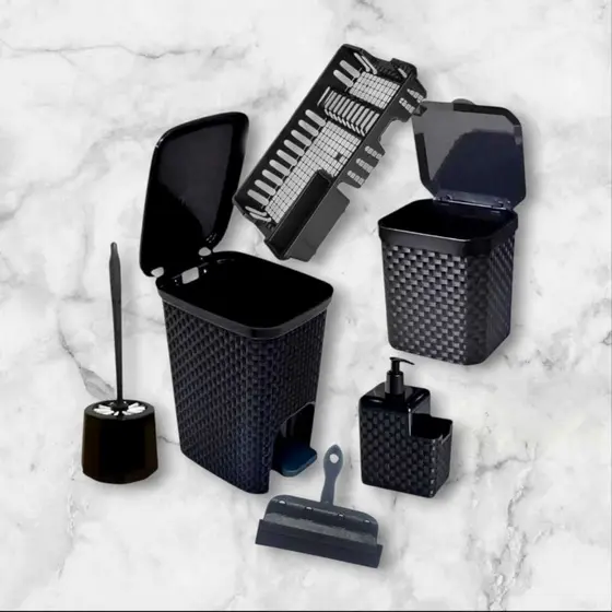 Kit Lixeira 5 L+Lixeira 7 L+Escova Sanitária+Porta Detergente Liquido+Rodinho Pia+Escorredor Louça