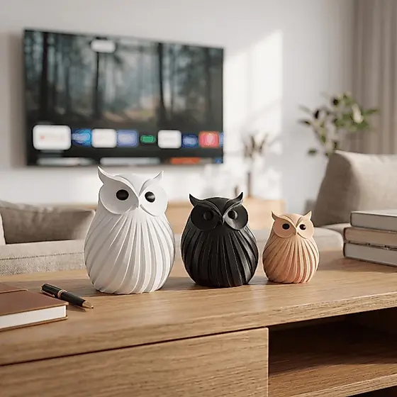 Kit Corujas Decorativas Moderna Estátua Coruja Trio Branco Preto Bege Decoração Sala