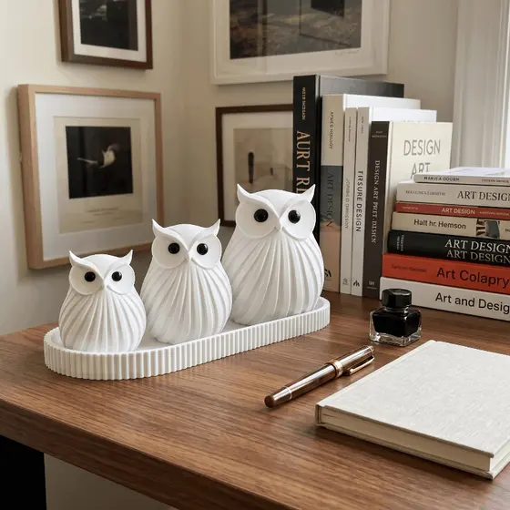 Kit até 3 Corujas Brancas com Bandeja para Decoração, Sala, Quarto, Escritorio