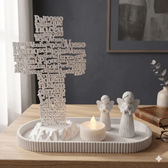 Kit Decorativo Religioso Cruz Pai Nosso Nossa Senhora Aparecida Bandeja Anjo Decorativo Vela Led