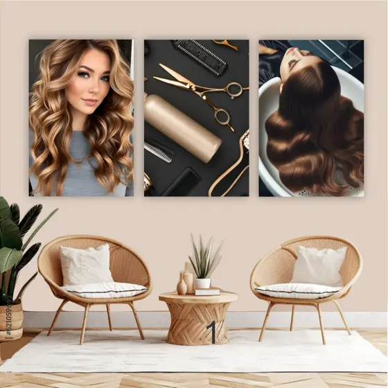 Quadro decorativo 3 peças salão de cabeleireiro cabelos tesoura