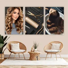 Quadro decorativo 3 peças salão de cabeleireiro cabelos tesoura