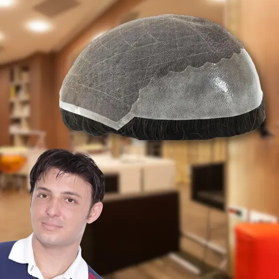 Prótese Capilar Q6 Base Tela E Silicone Peruca Cabelo Humano Castanho Escuro 20% Grisalho 20x25cm