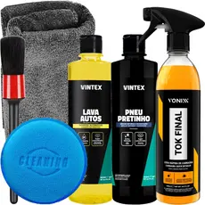 Kit Estética  Automotiva Lava Autos Vintex Pneu Pretinho Cera Tok Final Pincel Detalhamento Aplicador Toalha Karbox