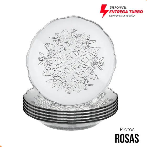 Prato de Vidro Rosas Transparente em Relevo 22cm Prato Elegante Mesa Posta