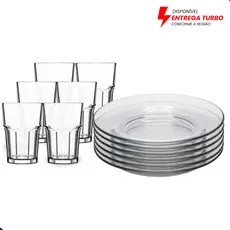 Aparelho de Jantar 12 Peças - 6 Pratos e 6 Copos 350ml Ideal para Almoço e Jantar