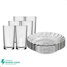 Aparelho De Jantar Em Vidro 12 Peças - 6 Pratos e 6 Copos - Mesa Posta, Almoço e Jantar