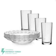 Aparelho de Jantar 8 Peças - 4 Pratos Fundos + 4 Copos 225ml