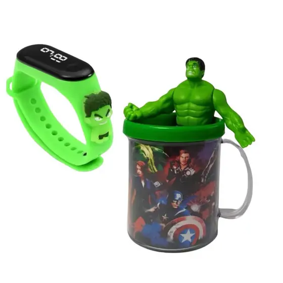 Kit 3, Boneco Hulk + Relogio Digital + Caneca Personalizada