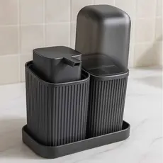 Kit Banheiro Com 2 Pecas Porta Sabonete Liquido Com Bandeja Dispenser e Porta Escovas Decoração Moderno Higienico
