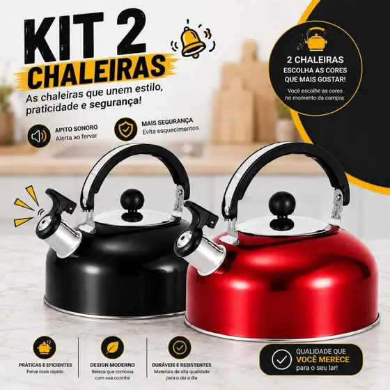 Kit Com 2 Chaleiras Inox Com Apito Sonoro Fogão Gaz Ou Indução Coloridas Chaleiras Com Apito Modenas