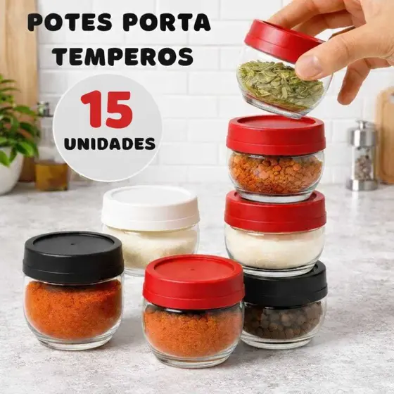 Kit 15 Potes Porta Temperos Condimentos 115 Ml Praticos Com Tampa Gira Trava Veda Cozinha Freezer Decoração Cozinha
