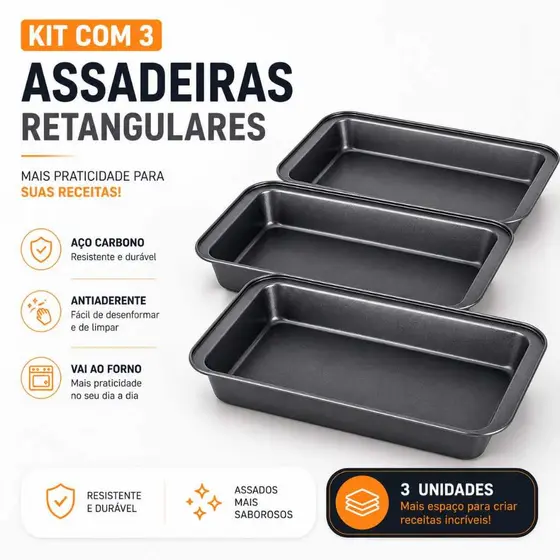 Kit 3 Assadeira Forma Para Pão 37 Cm Retangular Aço Carbono Forma Assadeira Retangular Bolo