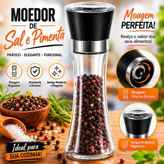 Moedor De Tempero 210 ML Com Regulador Sal Pimenta Porta Condimentos Especiarias De Vidro