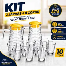 Kit Com 2 Conjunto Premium 5 Peças Sendo 2 Jarra De Vidro Com Tampa 900ml + 8 Copos 250 Kit 2 Jarras +8 Copos