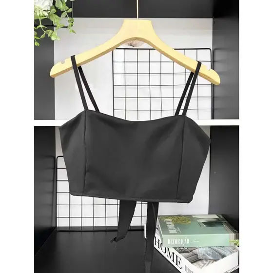 Cropped Feminino em Alfaiataria Alça Fina Regulável Top Justo Com Bojo Moda Casual Blusa Verão
