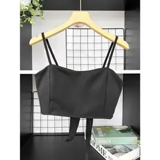 Cropped Feminino em Alfaiataria Alça Fina Regulável Top Justo Com Bojo Moda Casual Blusa Verão