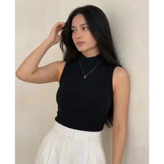 Regata Feminina Gola Alta Canelada Sem Manga Justa Cropped Elegante Listrado Moda Casual