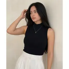 Regata Feminina Gola Alta Canelada Sem Manga Justa Cropped Elegante Listrado Moda Casual