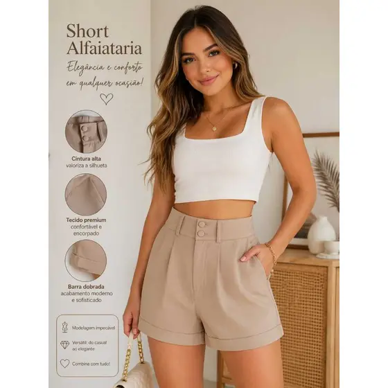Shorts Feminino Alfaiataria Roupas Elegante Social Soltinho Tendencia Moda Verão