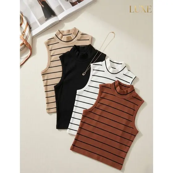Kit 2 Regata Feminina Gola Alta Canelada Sem Manga Justa Cropped Elegante Listrado Moda Casual
