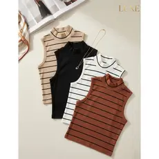 Kit 2 Regata Feminina Gola Alta Canelada Sem Manga Justa Cropped Elegante Listrado Moda Casual