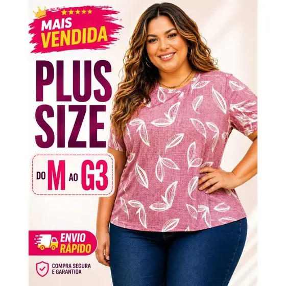 Blusa Plus Size Feminina T-shirt Estampada em Viscolycra - estampado