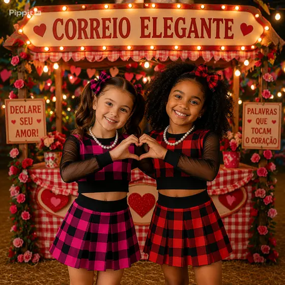 Conjunto Festa Junina Infantil Feminino Xadrez Rosa Pink ou Vermelho Cropped Tule + Saia Plissada