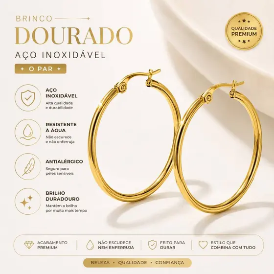 Brinco Argola Médio Feminina Aço Inoxidável Dourado Antialérgico 3,3cm Resistente à Água Par