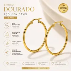 Brinco Argola Médio Feminina Aço Inoxidável Dourado Antialérgico 3,3cm Resistente à Água Par