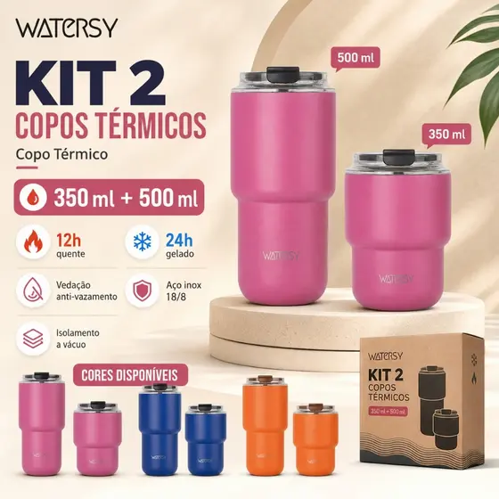 Watersy Kit 2 Copos Térmicos 350ml e 500ml com Tampa Canudo Inox 18/8 Antivazamento