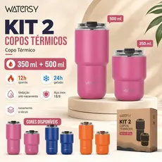Watersy Kit 2 Copos Térmicos 350ml e 500ml com Tampa Canudo Inox 18/8 Antivazamento