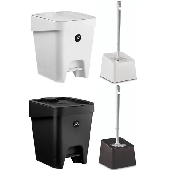 Kit Lixeira com Pedal Slim 8 Litros + Suporte para Escova Sanitária Banheiro Compacto Design Moderno - UZ Utilidades