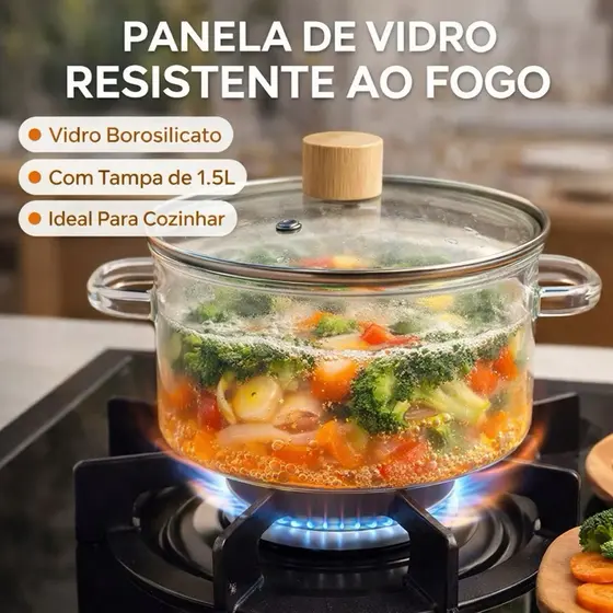 Panela de Vidro Vai ao Fogo 1.5L Panela de Vidro com tampa de vidro e Madeira Fogão 1.5L
