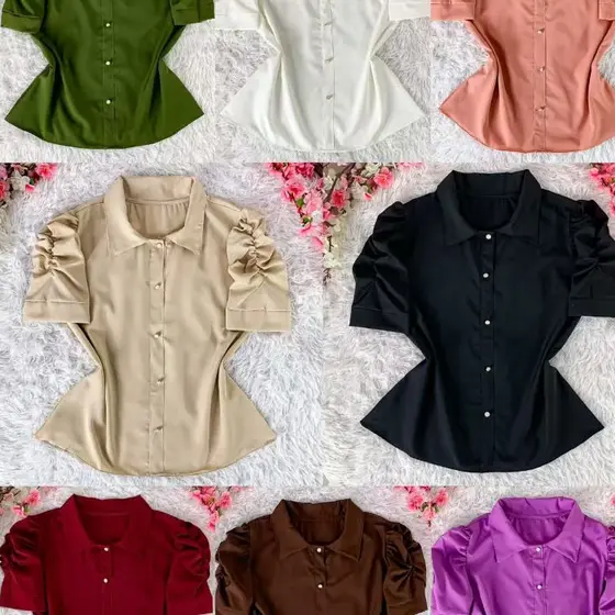 Blusa Camisa Feminina Pérola Clássica com Mangas Franzidas -0271