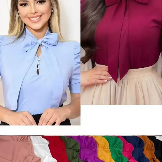 Blusa Plus Size G1 G2 G3 Feminina Social Manga Curta Bufante com laçinho Moda evangélica -0260