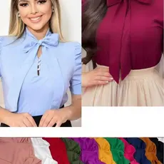 Blusa Plus Size G1 G2 G3 Feminina Social Manga Curta Bufante com laçinho Moda evangélica -0260