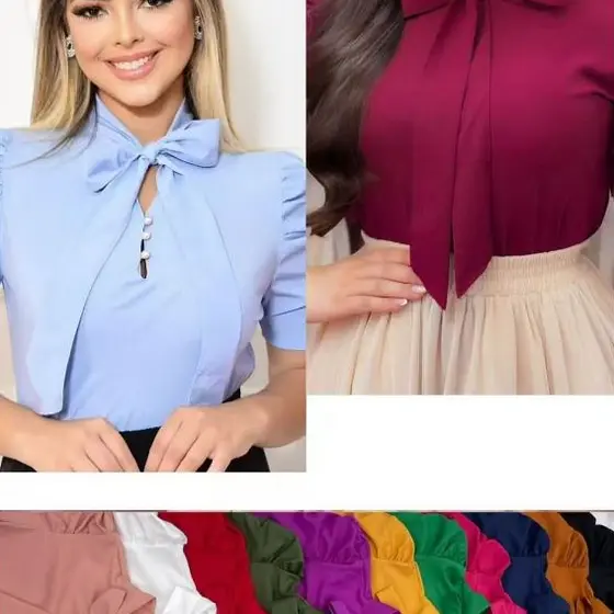 Blusa Feminina Social Manga Curta Bufante com laçinho Moda evangélica -0259
