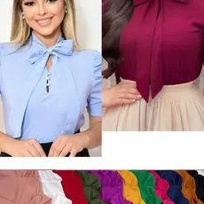 Blusa Feminina Social Manga Curta Bufante com laçinho Moda evangélica -0259