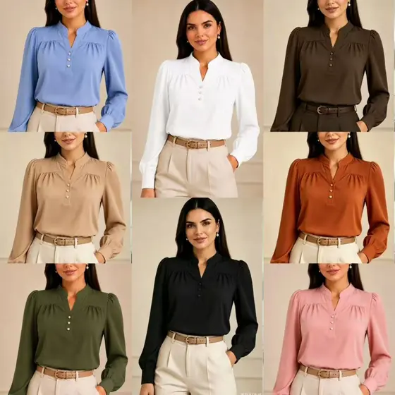 Blusa Feminina Clássica  Gola V com Botões Manga longa