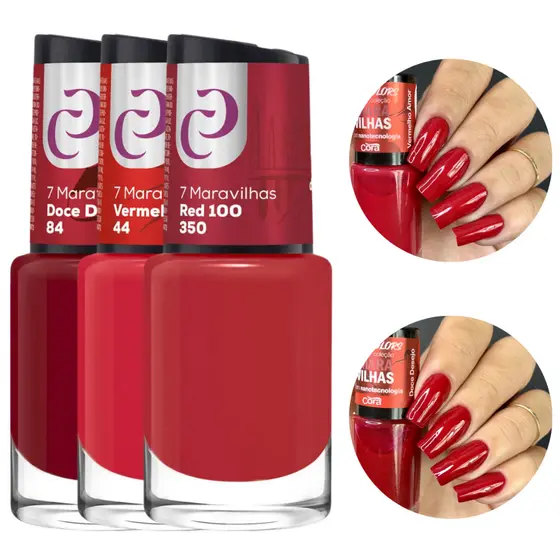 Kit 3 Esmaltes Cora Tons de Vermelho Nova Coleção 7 Maravilhas Lançamento Clássico Madrinha Noiva