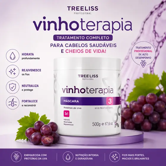 Máscara Vinhoterapia 500g Para Cabelos Ressecados e Sem Brilho - Treeliss Profissional