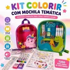 Kit Infantil Livro para Colorir + Mochila Menino Dino ou Menina Unicórnio
