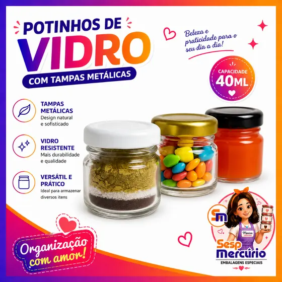 Kit Mini Potinhos De Vidros 40ml Tampas Metálicas Lembrancinhas Casamento Aniversário Chá de Bebe