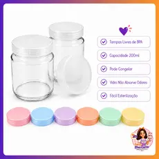Kit 6 Potes De Vidros Belem 200ml Tampas Plásticas Livre de BPA Leite Materno Armazenamento