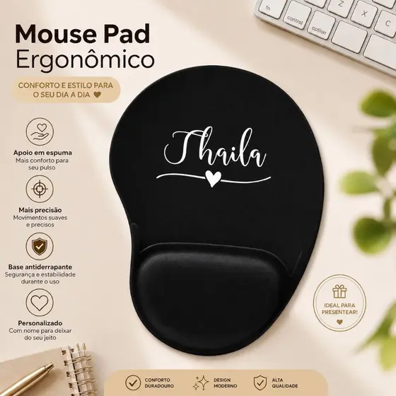 Mouse Pad Ergonômico Personalizado com Nome / Apoio de punho em Espuma / Presente Criativo para Home Office e Escritório