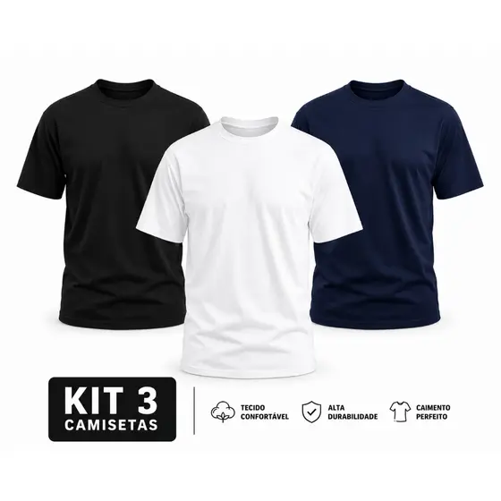 Kit 3 Camiseta Lisa Masculina Algodão Básica Casual Conforto Qualidade Dia a Dia