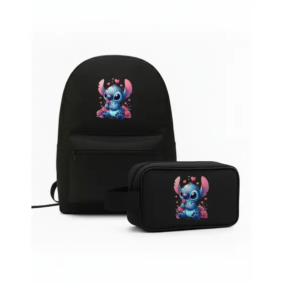 Kit Mochila Stitch com Estojo Infantil Juvenil Feminino Masculino Escolar Reforçada