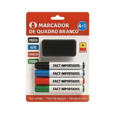 Marcador Quadro Branco Colorido Apagável 4 Cores + Apagador